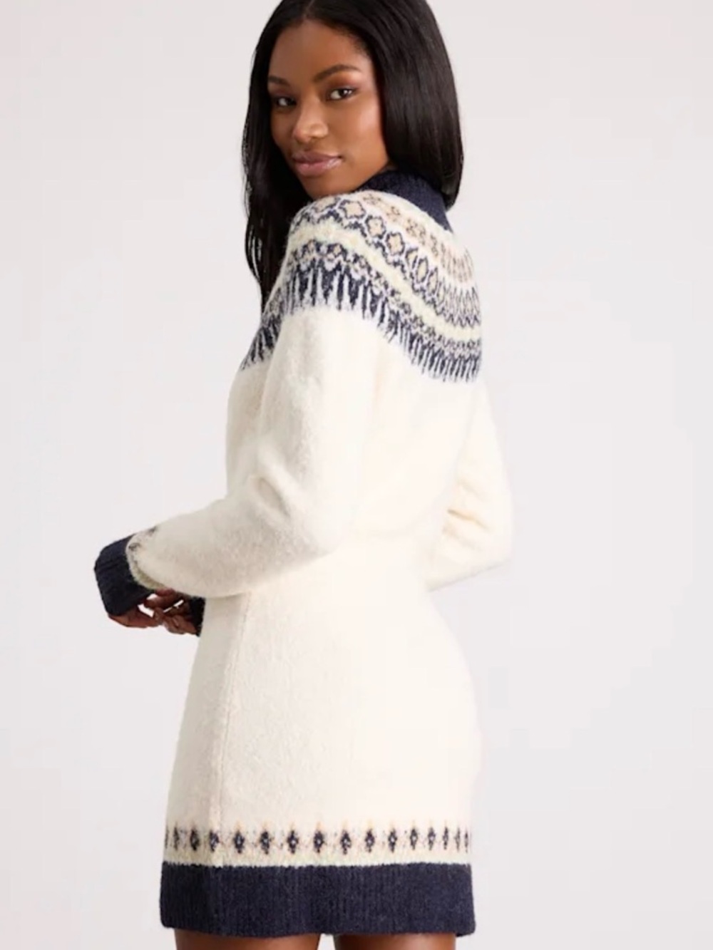Worn Once Lulus Cozy Cream Fair Isle Knit Sweater Dress with Navy Trim